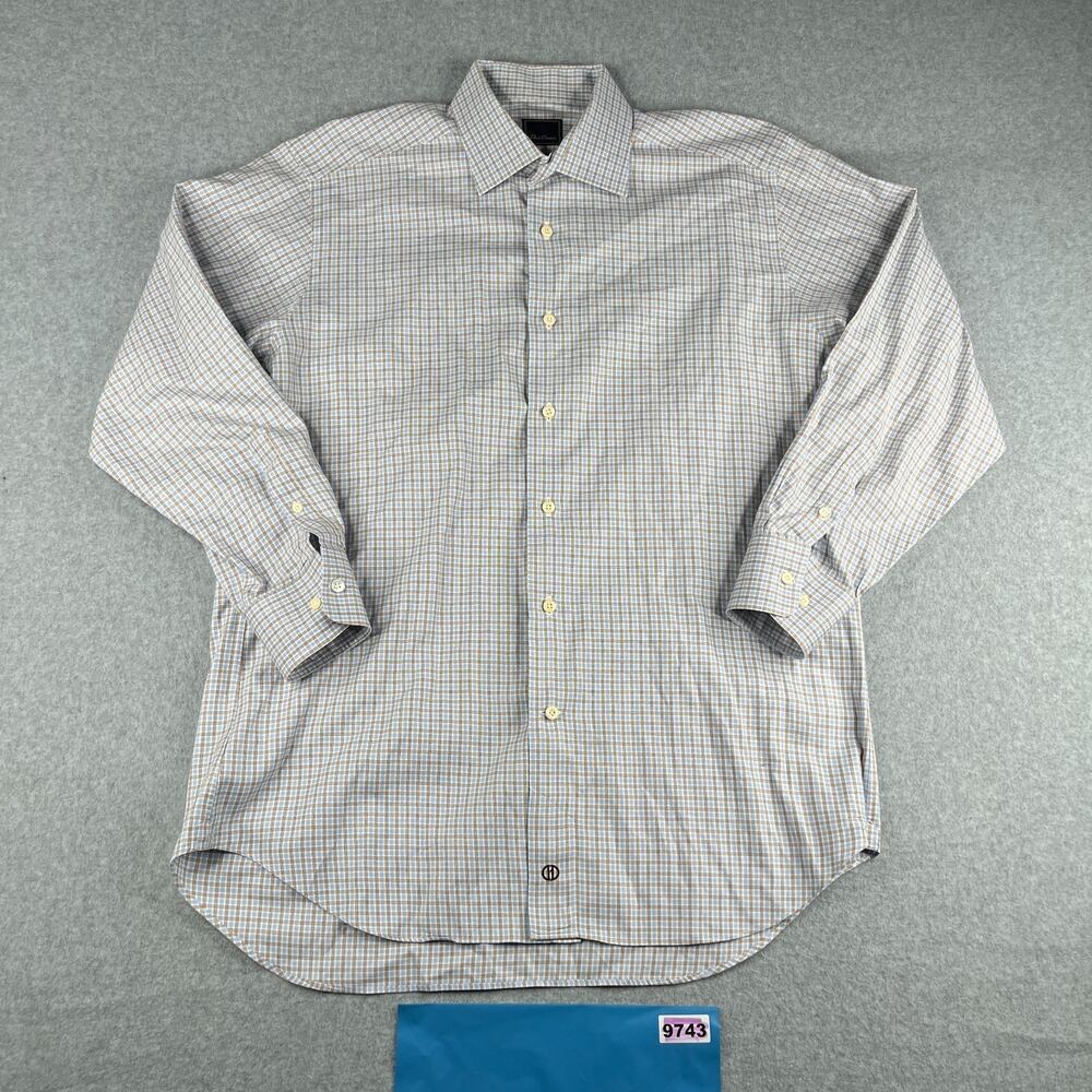 David Donahue Shirt 16 Blue Brown Check Casual Button Up Long Sleeve Mens